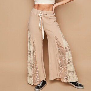 POL Lace Contrast Elastic Band Satin Strap Solid Wide Pants - LATTE S-L